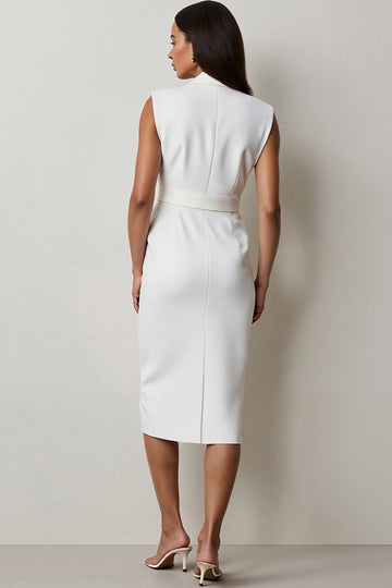 V-Neck White Sheath Midi Work Dress with Belt